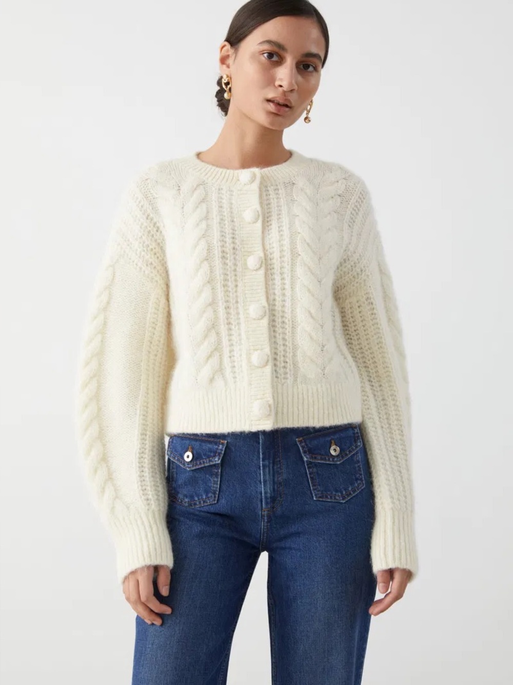& Other Stories Cropped Cable Knit Wool Alpaca Cardigan Cream M